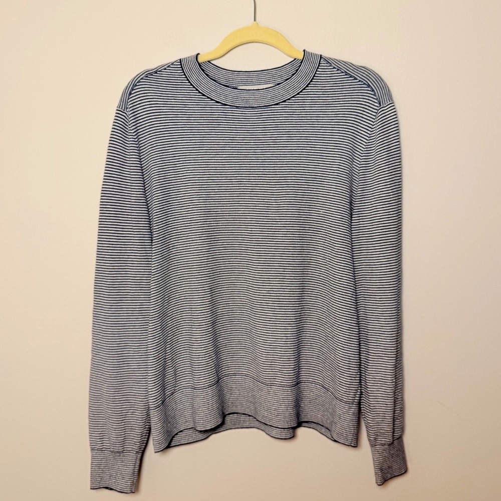 Women's Everlane 100% Organic Cotton Navy Blue Striped Crewneck Sweater Size L